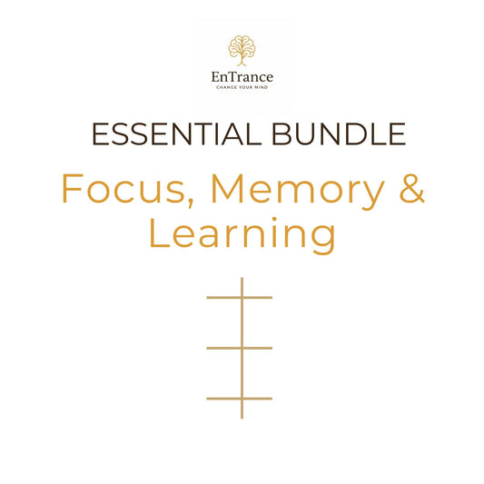 Promotional graphic for the EnTrance 'Focus, Memory & Learning' Essential Bundle, featuring a gold tree logo and the text 'ESSENTIAL BUNDLE Focus, Memory & Learning' on a solid white background.