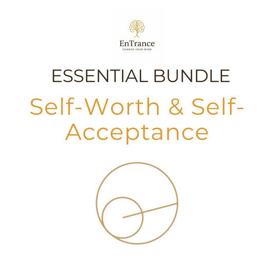 Promotional graphic for the EnTrance 'Essential Bundle: Self-Worth & Self-Acceptance' featuring a gold tree logo, dark brown and gold typography on a clean white background, and a minimalist gold geometric line illustration.