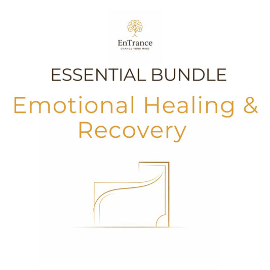 Promotional graphic for the EnTrance 'Emotional Healing & Recovery' Essential Bundle, featuring a gold tree logo, dark brown and orange text, and a minimalist gold line-art illustration on a solid white background.
