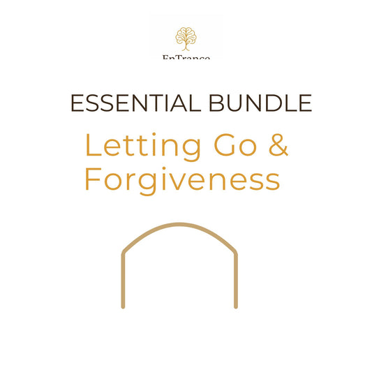 Digital cover graphic for the 'Essential Bundle: Letting Go & Forgiveness' by EnTeresa, featuring a minimalist design with a gold tree logo, dark brown and golden-yellow typography, and a gold arch icon on a solid white background.