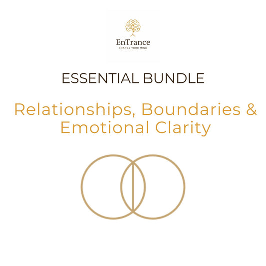 Promotional graphic for the EnTrance Coaching Team's 'Essential Bundle' titled 'Relationships, Boundaries & Emotional Clarity', featuring a gold tree logo, dark brown and orange text, and a gold interlocking circles symbol on a solid white background.