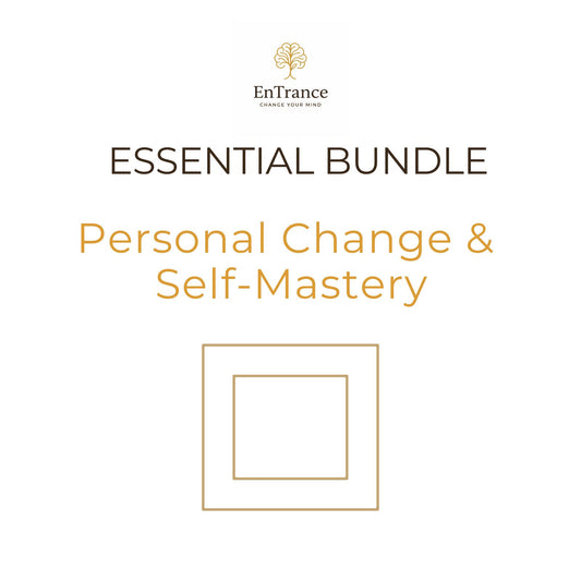 A clean white graphic with the EnTrance logo at the top, the text 'ESSENTIAL BUNDLE' in dark brown, and 'Personal Change & Self-Mastery' in golden yellow. A simple gold square outline sits below the text.