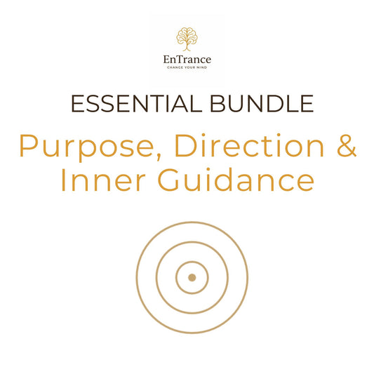 Promotional graphic for the EnTrance 'Essential Bundle: Purpose, Direction & Inner Guidance' featuring a gold tree logo, dark brown and gold text on a white background, and a gold target icon.