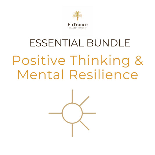 Promotional graphic for the EnTrance 'Essential Bundle: Positive Thinking & Mental Resilience' featuring a gold tree logo, dark brown text, and a gold sunburst icon on a solid white background.