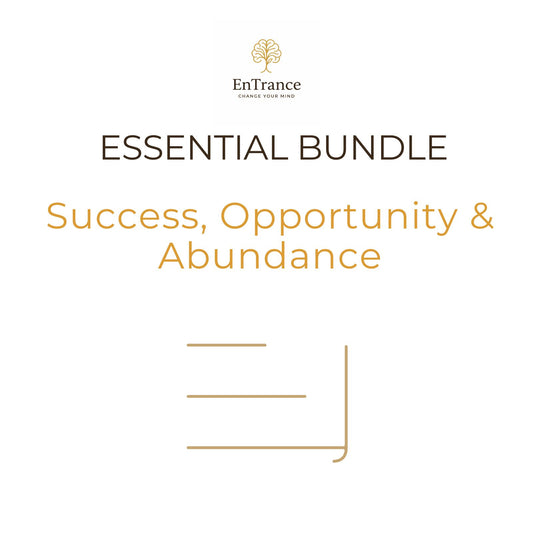 Promotional graphic for the EnTrance 'Essential Bundle: Success, Opportunity & Abundance' featuring a gold tree logo, dark brown and orange text on a clean white background, and a minimalist gold line illustration.