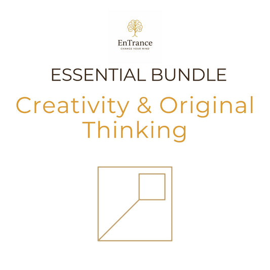 Promotional graphic for the EnTrance 'Essential Bundle: Creativity & Original Thinking' featuring a gold tree logo, dark brown and orange text, and a minimalist geometric line drawing on a solid white background.