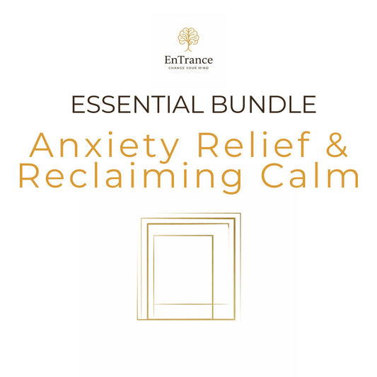 Promotional graphic for the EnTrance 'Essential Bundle: Anxiety Relief & Reclaiming Calm' featuring a gold tree logo, dark brown and orange text, and a minimalist gold frame icon on a solid white background.