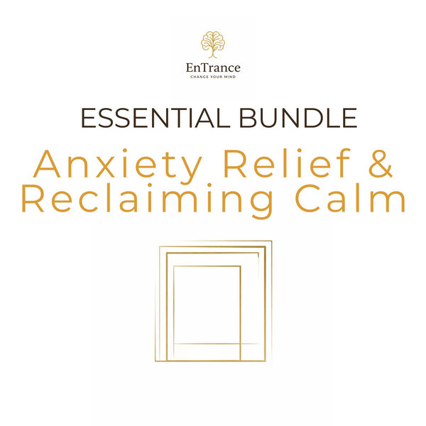 Promotional graphic for the EnTrance 'Essential Bundle: Anxiety Relief & Reclaiming Calm' featuring a gold tree logo, dark brown and orange text, and a minimalist gold frame icon on a solid white background.