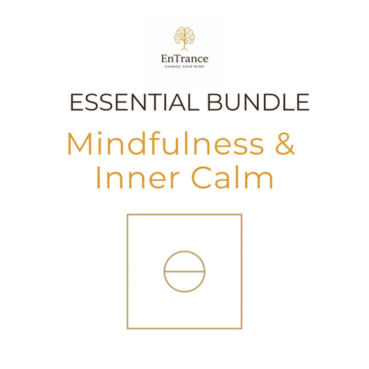 Digital cover art for the EnTrance 'Essential Bundle: Mindfulness & Inner Calm' featuring a minimalist design with gold and dark brown text on a solid white background.
