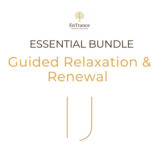 Promotional graphic for the EnTrance 'Essential Bundle: Guided Relaxation & Renewal' featuring a gold tree logo, dark brown and orange text on a solid white background, and a minimalist gold line illustration.