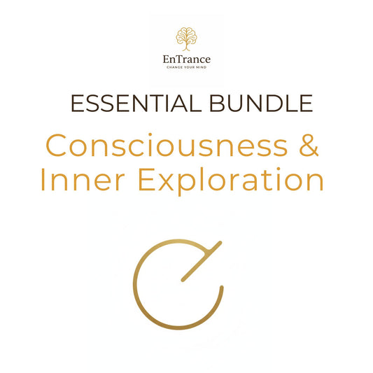 Promotional graphic for the EnTrance 'Essential Bundle: Consciousness & Inner Exploration' featuring a gold tree logo, dark brown and gold typography on a solid white background, and a gold abstract circular graphic at the bottom.