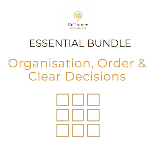Promotional graphic for the EnTrance 'Essential Bundle' titled 'Organisation, Order & Clear Decisions' on a white background, featuring the brand logo at the top and nine empty check boxes arranged in a grid at the bottom.