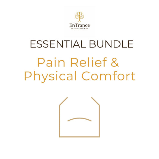 Promotional graphic for the EnTrance 'Essential Bundle' focused on 'Pain Relief & Physical Comfort' on a solid white background.