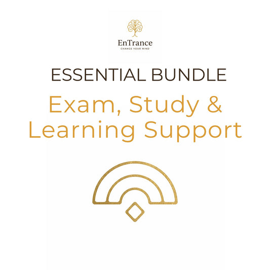 Promotional graphic for the EnTrance 'Essential Bundle: Exam, Study & Learning Support' featuring gold and dark brown text on a clean white background with a gold tree logo and arch icon.