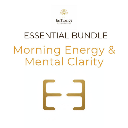 Promotional graphic for the EnTrance 'Essential Bundle: Morning Energy & Mental Clarity' featuring a gold tree logo, dark brown and gold typography on a solid white background, and a stylized gold 'E3' symbol at the bottom.