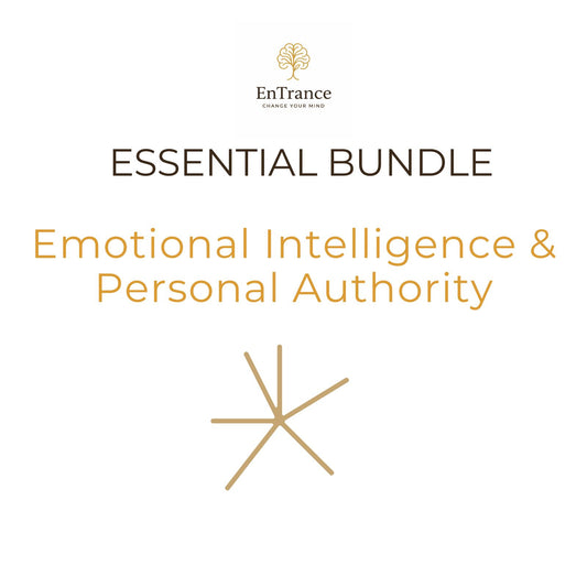 Digital cover graphic for the 'Essential Bundle: Emotional Intelligence & Personal Authority' by EnTrance, featuring a clean white background with gold and dark brown text and a minimalist gold starburst icon.