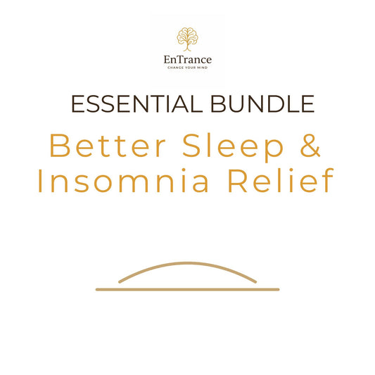 Promotional graphic for the EnTrance 'Essential Bundle: Better Sleep & Insomnia Relief' featuring the brand logo at the top and a minimalist gold arch illustration at the bottom on a white background.