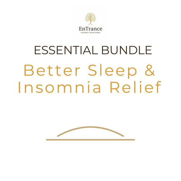 Promotional graphic for the EnTrance 'Essential Bundle: Better Sleep & Insomnia Relief' featuring the brand logo at the top and a minimalist gold arch illustration at the bottom on a white background.