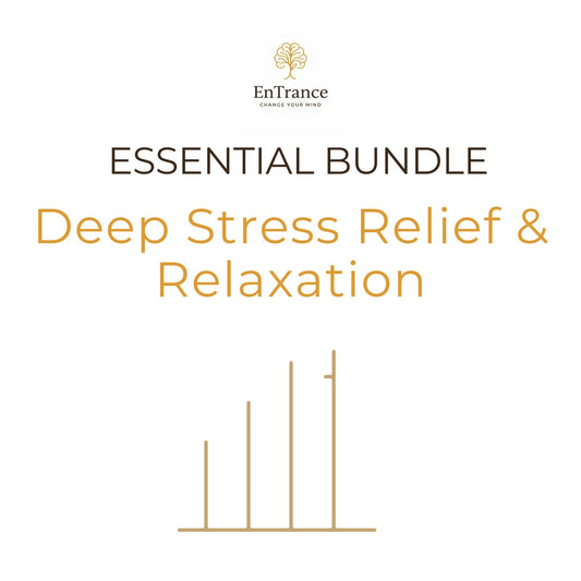 Promotional graphic for the EnTrance 'Essential Bundle: Deep Stress Relief & Relaxation' featuring a gold tree logo, dark brown and gold text, and minimalist gold bar chart illustrations on a solid white background.