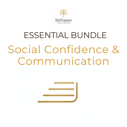 Promotional graphic for the EnTrance 'Social Confidence & Communication' Essential Bundle, featuring gold and dark brown text on a clean white background with a minimalist gold icon.