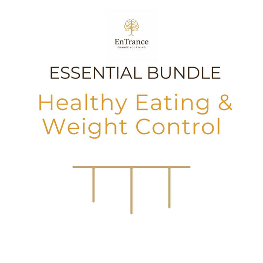 Promotional graphic for the EnTrance 'Essential Bundle: Healthy Eating & Weight Control' featuring a gold tree logo, dark brown and gold text on a solid white background, and a minimalist gold line drawing of a plate.
