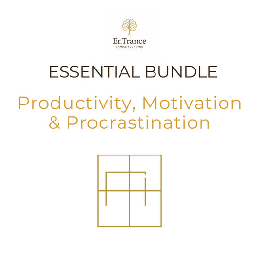 Promotional graphic for the EnTrance 'Essential Bundle' focused on productivity, motivation, and procrastination, featuring gold and dark brown text on a clean white background.