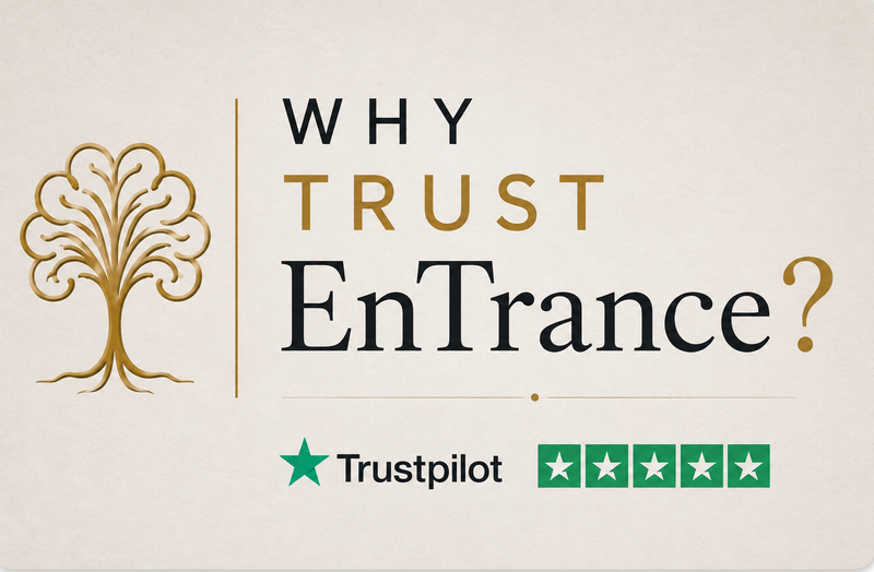 A promotional graphic with the text 'WHY TRUST EnTrance?' on a light beige background, featuring a gold tree icon, a green Trustpilot star logo, and a five-star rating graphic.